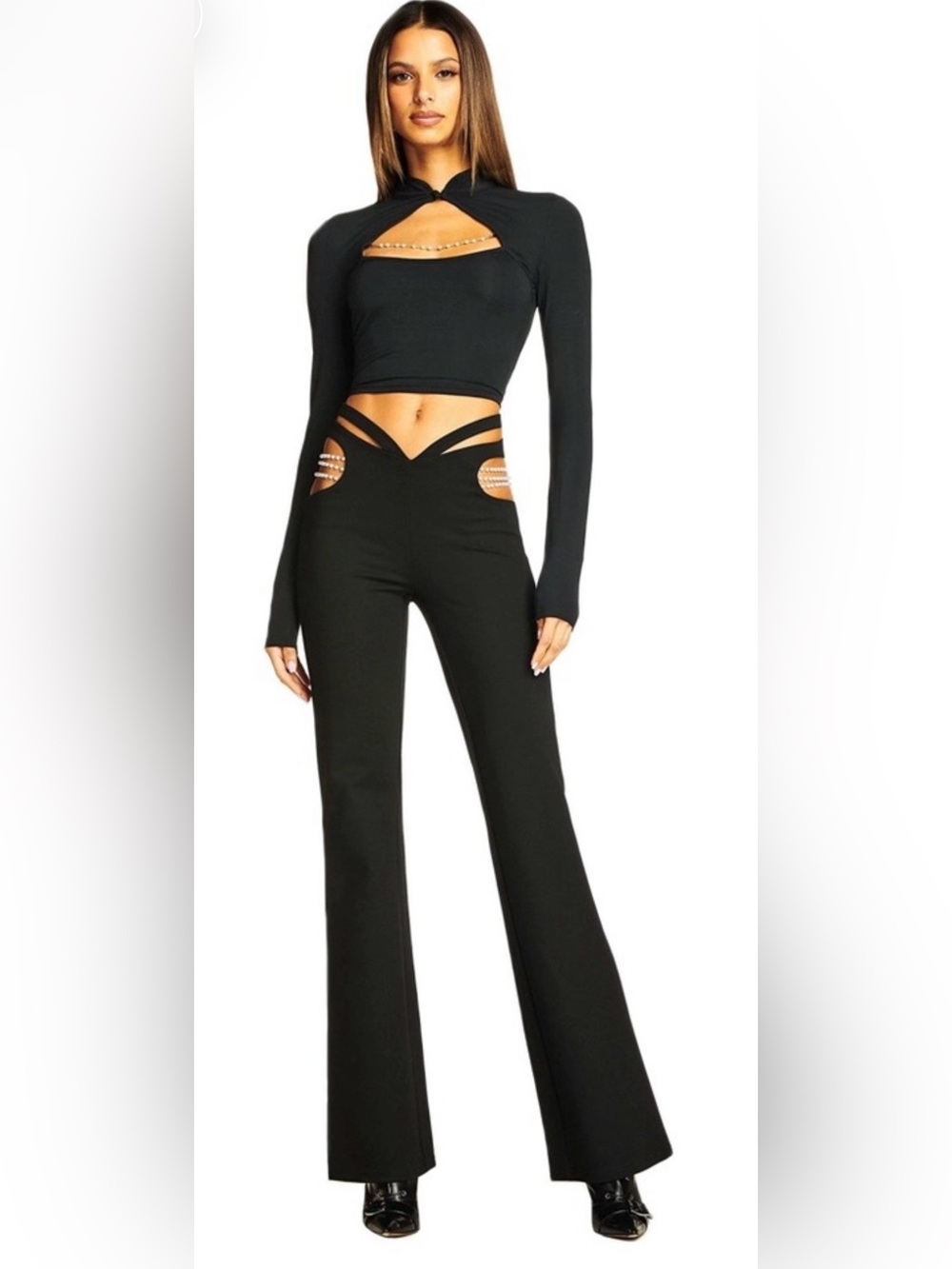 I.AM.GIA Inez Pearl Cutout Flare Pants Black Y2K Strappy Waist M